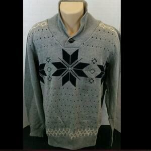 Weatherproof Sweater Fair Isle Vintage Large Shawl Collar Large Gray Navy Career